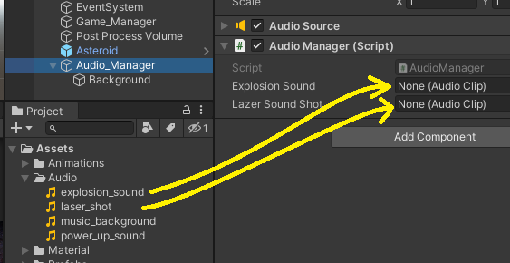 Drag Audio clips to Reference Variables in Audio Manager (Script)
